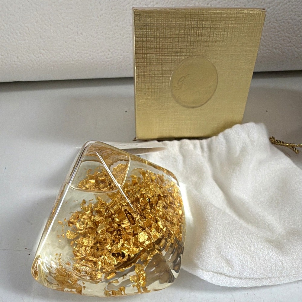 Goldenflow Studios Hand Blown Glass Paperweight Clear with 23k Gold Leaf